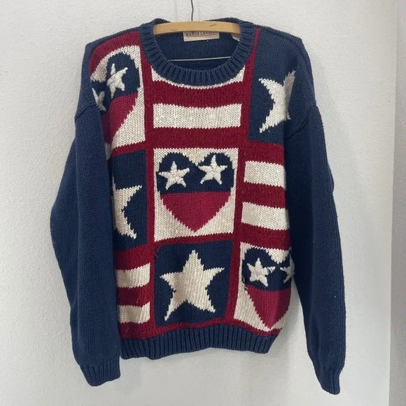 VTG 90s Grunge Thrashed Patriotic Sweater M American Flag Stars Stripes Knit - Picture 2 of 11